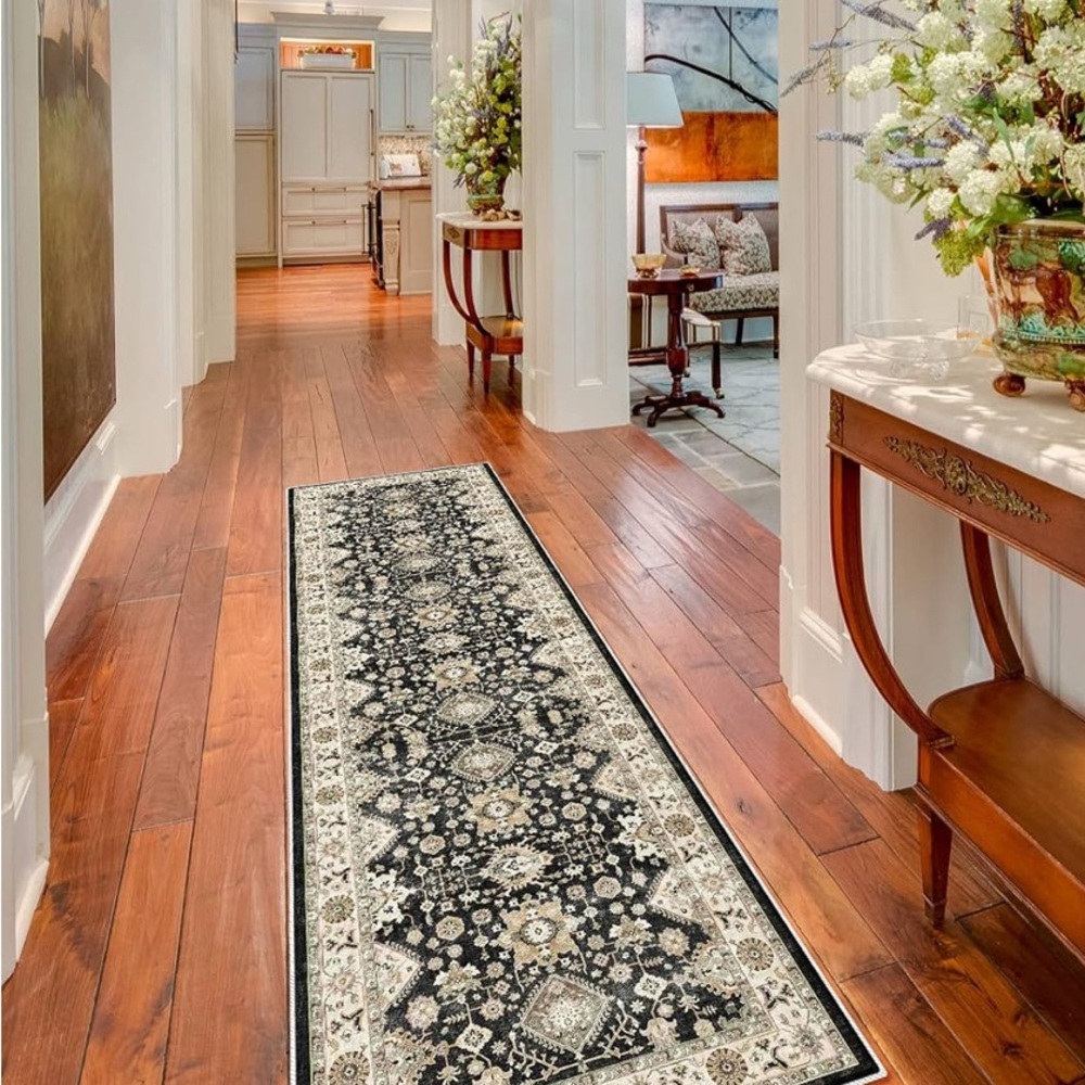 Black and Cream Traditional Runner Rug